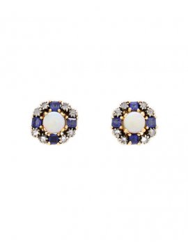 14K Yellow Gold Diamond, Sapphire & Opal Stud Earrings