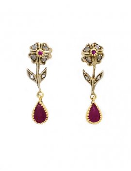14K Gold Vintage Ruby & Diamond Drop Earrings