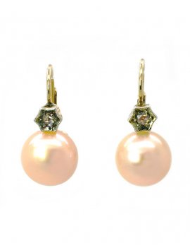 14K Yellow Gold Vintage Pearl & Diamond Hoop Earrings