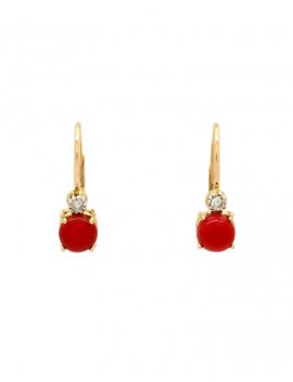 14K Gold Coral & Diamond Hoop Earrings