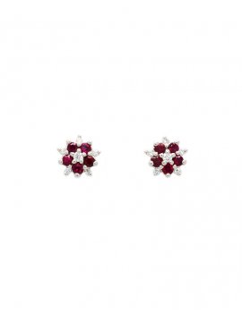 18ct White Gold Ruby & Diamond Flower Cluster Stud Earrings