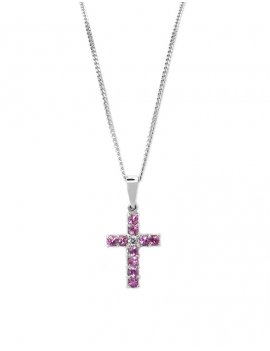 18ct White Gold Pink Sapphire & Diamond Cross Pendant