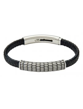 Black Leather and Stainless Steel Bracelet - FUB33