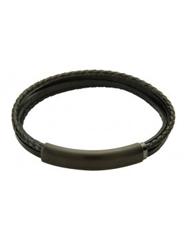 Black Leather and Stainless Steel Bracelet - FUB41