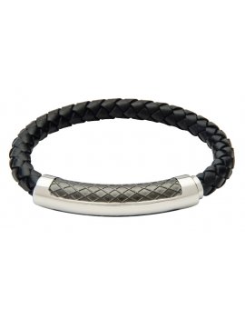 Black Leather and Stainless Steel Bracelet - INB44