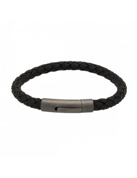 Black Leather Matte Gunmetal Steel Clasp Bracelet B425BL/21CM